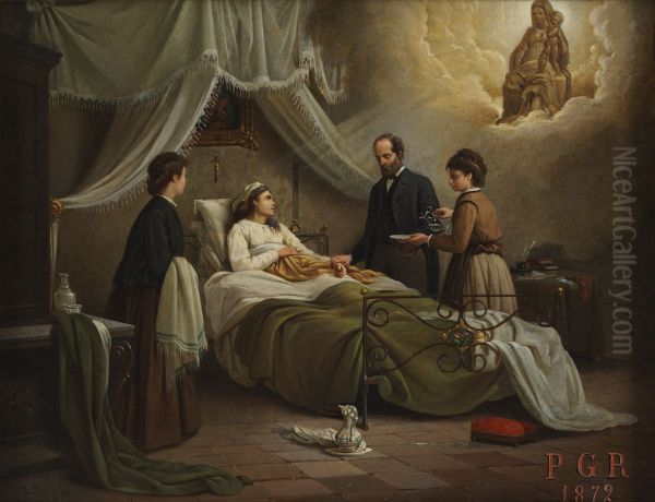 A woman in bed in a sick-room, attended by a physician, receiving the blessing of the Madonna del Parto. - view 1