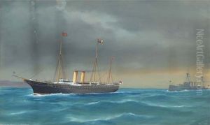 The Royal Yacht Victoria & Albert (III) under escort in the Mediterranean by H.M.S. Cochrane