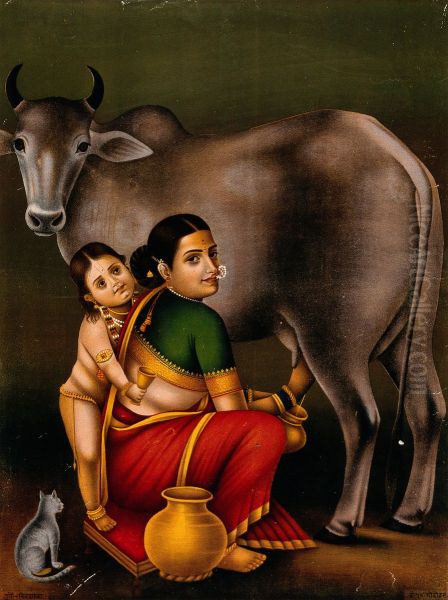 A woman milking a cow with a child, possibly Krishna begging for milk, while a seated cat observes. - view 1
