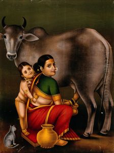 A woman milking a cow with a child, possibly Krishna begging for milk, while a seated cat observes. by unknown