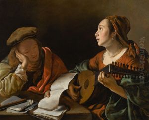 A young lady playing the lute to a young man reading, or An allegory of sight and hearing by Govert Flinck