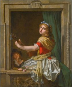 A young woman with a guitar seated at an open window by Martin Drolling
