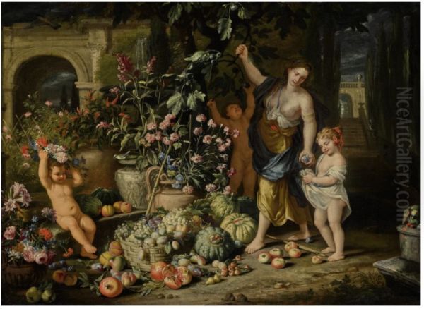 A YOUNG WOMAN PICKING FIGS WITH THREE CHILDREN IN A TERRACED GARDEN, WITH URNS OF CARNATIONS, MORNING GLORY, AND OTHER FLOWERS, AND BASKET OF GRAPES AND OTHER FRUITS NEARBY - view 1
