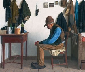 Rural interior with an old man. by Anders Christian Terslose