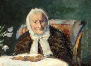 Interior med kunstnerens svigermoder, fru Ane Brondum, der laeser i Bibelen. Interior med kunstnerens svigermoder, fru Ane Brondum, der laeser i Bibelen.