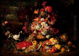 Still-life with flowers, fruit and a dog Still-life with flowers, fruit and a dog