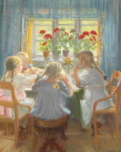 Smapiger til teselskab i Nordstuen i Anchers hus pa Markvej, Skagen. by Anna Ancher