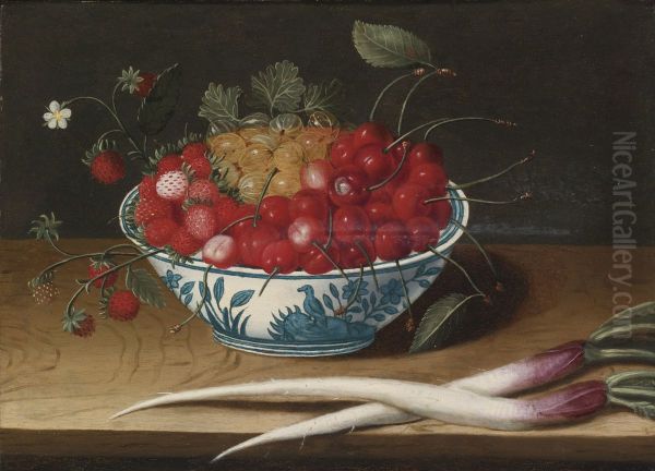 Still Life with Strawberries, Cherries and Gooseberries in a blue and white porcelain bowl with two salsify roots, all resting on a wood table - view 1