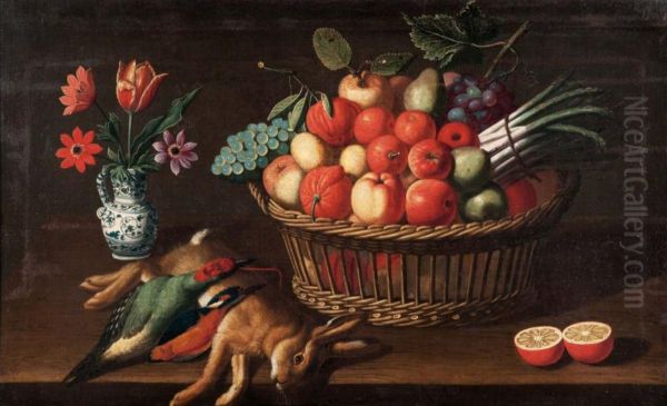 Still life with fruit basket and a dead hare on a ledge - view 1