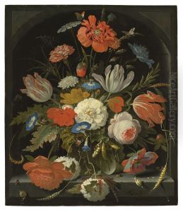 Flowers in a glass vase, with snails and insects, in a niche by Abraham Mignon