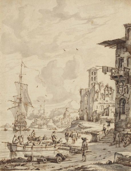 Ships at the entrance of a port, the dome of a church in the background - view 1