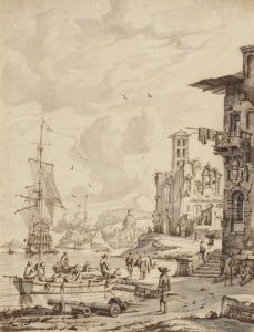 Ships at the entrance of a port, the dome of a church in the background by Abraham Storck