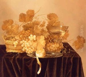 Still Life with basket of grapes, a peeled lemon on a pewter plate, a roemer and grape leaves. by Abraham Susenier
