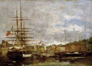 Honfleur - Ships docked in the port by Eugene Louis Boudin