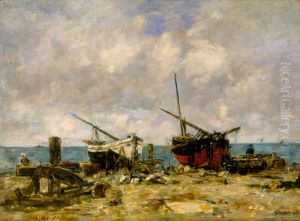 Etretat - Stranded ships by Eugene Louis Boudin