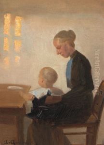 Et interior med mor og barn. by Anna Ancher