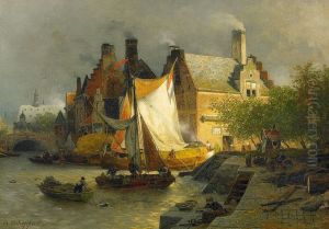 Aangemeerde boten in een Hollandse haven by Andreas Achenbach