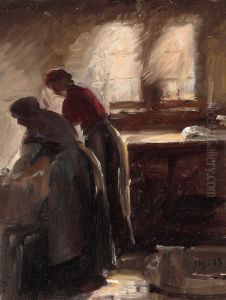 Kitchen interior with two women working. Kitchen interior with two women working.