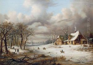 Winterlandschaft mit Soldaten vor einem Gehoft