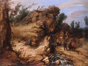 Rocky landscape with staffage figures by Lucas Achtschellinck
