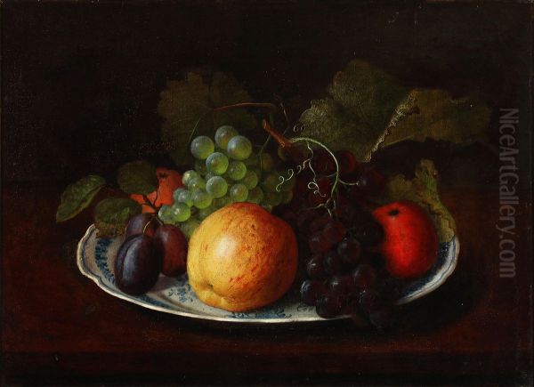 Still life with apples, plums, and grapes on an earthenware dish. - view 1