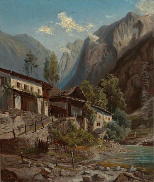 Malerische Gebirgslandschaft mit Gehoften an einem Bach - view 1