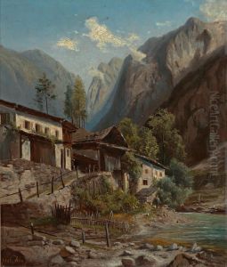 Malerische Gebirgslandschaft mit Gehoften an einem Bach