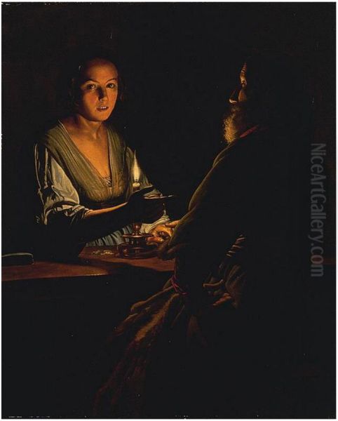 An old man and a girl by candlelight - view 1