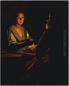 An old man and a girl by candlelight