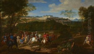 Louis XIV and his Court hunting in view of the castle of Meudon. by Adam Frans van der Meulen
