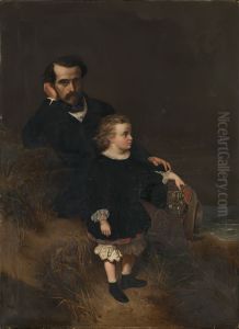 Self-portrait of the painter with his son Oscar by Pierre Olivier Joseph Coomans