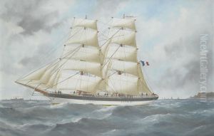 The French brig Dieudonne in full sail off a headland by Edouard Adam