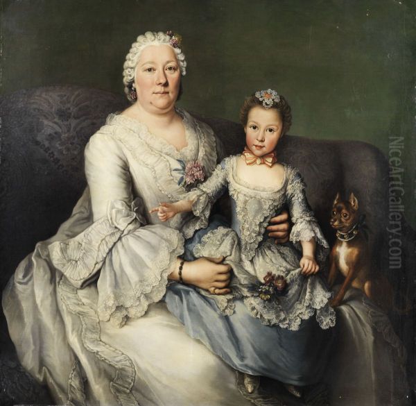 Adelige Dame mit kleinem Madchen und Schosshundchen - view 1