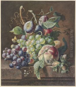 Fruchtestuck mit Pfirsich, Haselnuss,Trauben und Pflaumen by Jan Van Huysum