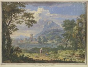Landschaft mit einer italienischen Stadt bei einem hohen Berg, rechts die Ruine eines Tempels, im Vordergrund zwei Figuren und ein Hund by Jan Van Huysum