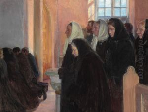 Communion in the church of Skagen. Sunlight through the church window.