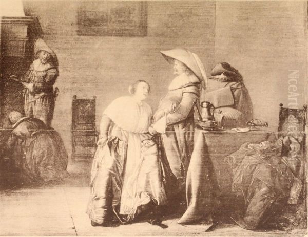 Interior with a young woman and an officer in conversation - view 1