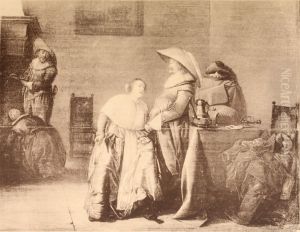 Interior with a young woman and an officer in conversation