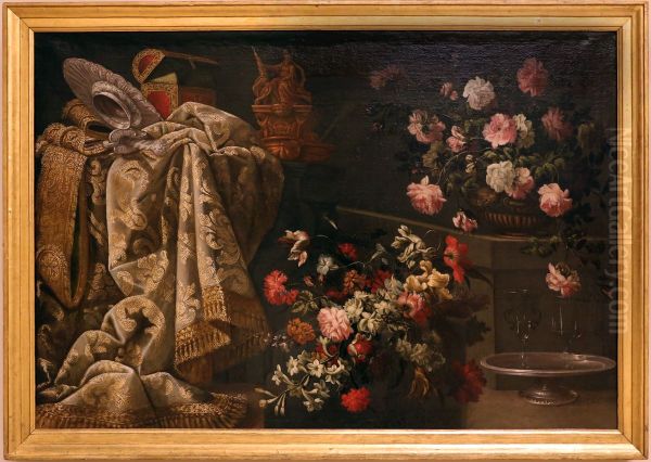 natura morta con fiori, stoffe e bicchieri - view 1