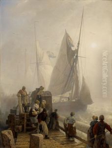 Binnenlopende schepen, Hollandse kust by Andreas Achenbach