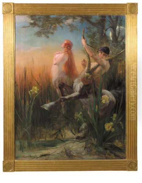Centaurs standing in an iris-filled forest clearing - view 1