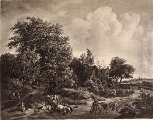 Farm at the edge of a wood, with a wagon and horses