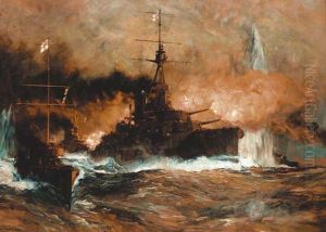 Admiral Jellicoe's flagship H.M.S. Iron Duke with escorting destroyers leading the Grand Fleet into action at Jutland, 31st May, 1916