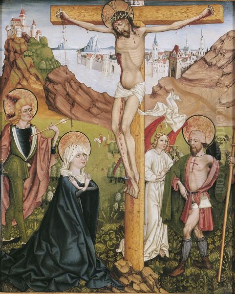 Kreuzigung Christi mit Maria, St. Sebastian, St. Rochus, Landschaft mit See und Stadt. - view 1