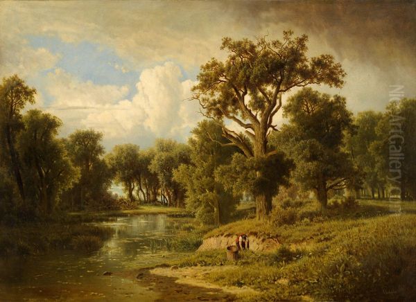 Bewaldete Flusslandschaft mit Krautersucherin. - view 1
