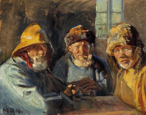 Three fishermen sitting in the sunlight. - view 1