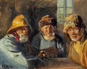 Three fishermen sitting in the sunlight. by Michael Peter Ancher