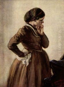 Emilie Menzel am Klavier stehend by Adolph von Menzel