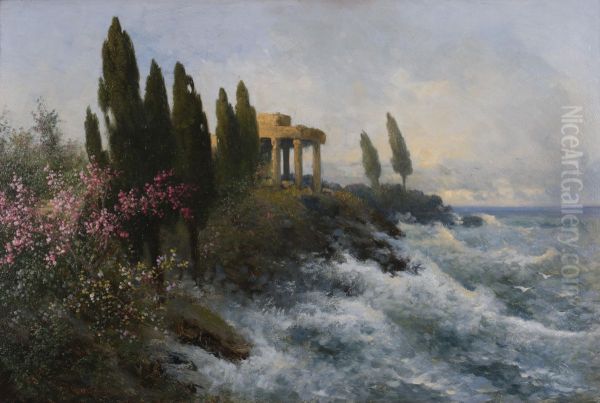 Mediterrane Landschaft mit antikem Tempel - view 1