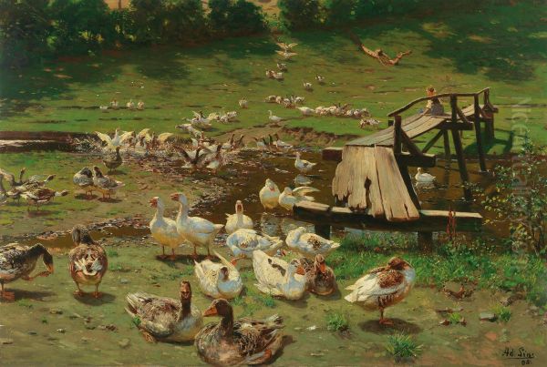 A summer day, geese by a pond - view 1